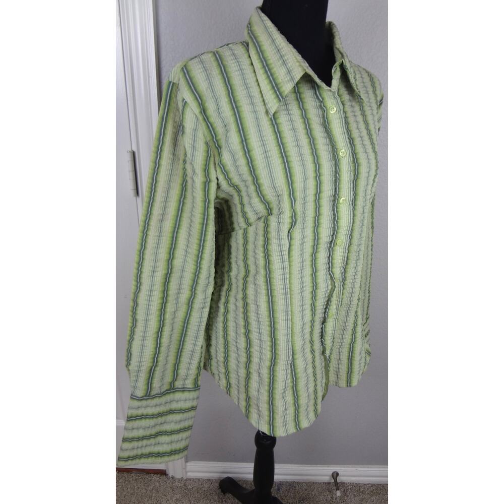 Vintage 90s Y2K Cato Green Striped Button Down Blouse 14 Women XL Gauze Crinkle - Picture 3 of 8